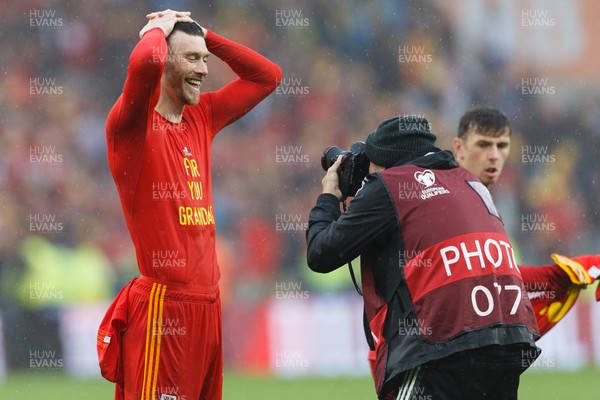 050622 -  Wales v Ukraine, World Cup Qualifying Play Off Final - Kieffer Moore of Wales celebrates after the final whistle