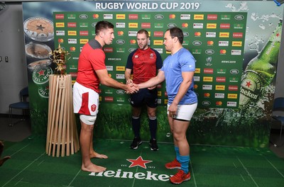 131019 - Wales v Uruguay - Rugby World Cup - Pool D - Justin Tipuric of Wales and Juan Manuel Gaminara at the coin toss