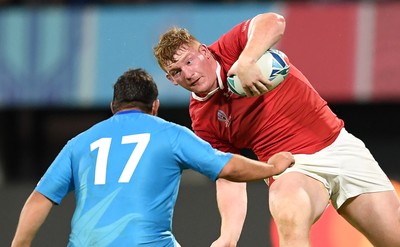 131019 - Wales v Uruguay - Rugby World Cup - Pool D - Rhys Carre of Wales takes on Juan Echeverria of Uruguay