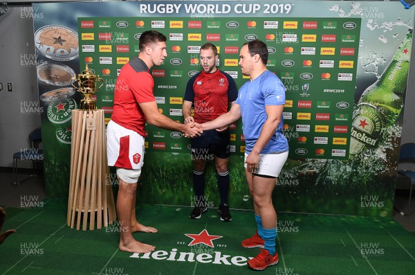 131019 - Wales v Uruguay - Rugby World Cup - Pool D - Justin Tipuric of Wales and Juan Manuel Gaminara at the coin toss