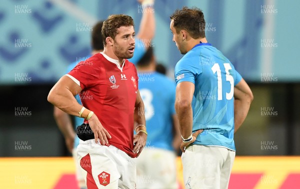 131019 - Wales v Uruguay - Rugby World Cup - Pool D - Leigh Halfpenny of Wales and Gaston Mieres of Uruguay at full time