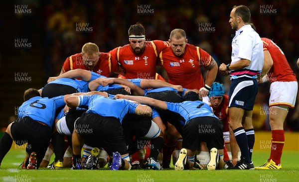 200915 - Wales v Uruguay - Rugby World Cup 2015 -Samson Lee, Scott Baldwin and Paul James of Wales