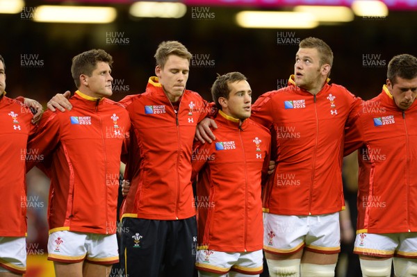 200915 - Wales v Uruguay - Rugby World Cup 2015 -Lloyd Williams, Liam Williams, Matthew Morgan, Dan Lydiate and Justin Tipuric line-up for the anthems