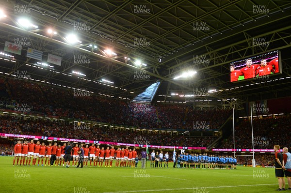 200915 - Wales v Uruguay - Rugby World Cup 2015 -Wales players line-up for the anthems