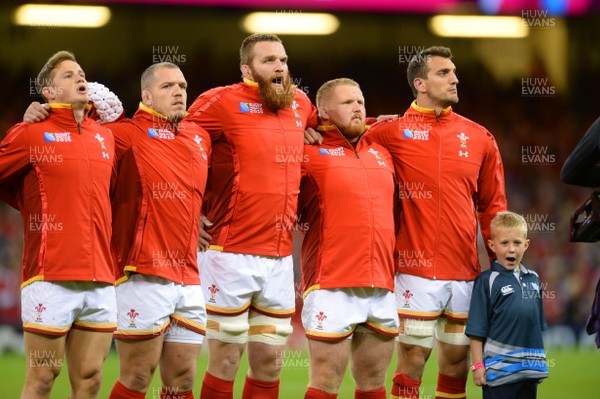 200915 - Wales v Uruguay - Rugby World Cup 2015 -Hallam Amos, Paul James, Jake Ball, Samson Lee and Sam Warburton line-up for the anthems