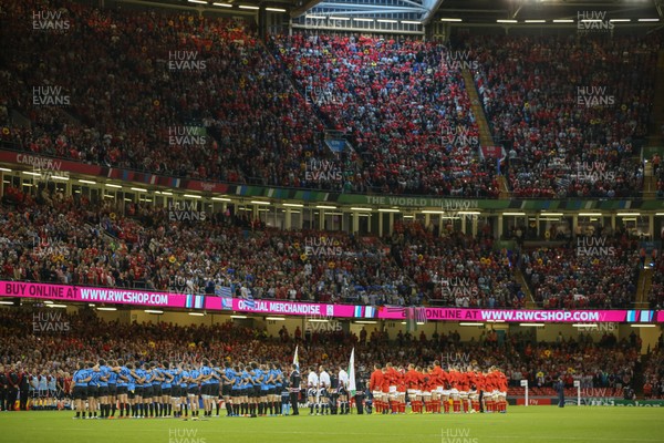 200915 - Wales v Uruguay, Rugby World Cup 2015 - The Wales and Uruguay teams line up for the national anthems at the start of the match