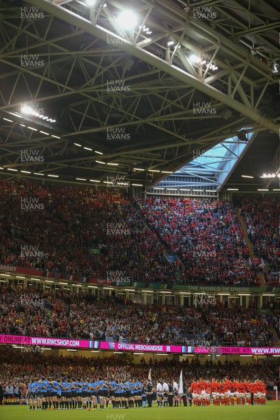 200915 - Wales v Uruguay, Rugby World Cup 2015 - The Wales and Uruguay teams line up for the national anthems at the start of the match