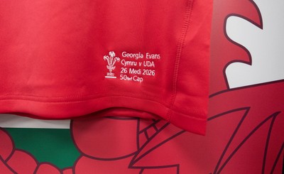 260926 Wales v USA, Vodafone Wales WXV Series -  Georgia Evans’ match jersey hangs in the changing room ahead of her 50th Cap