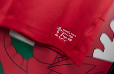 260926 Wales v USA, Vodafone Wales WXV Series -  Georgia Evans’ match jersey hangs in the changing room ahead of her 50th Cap