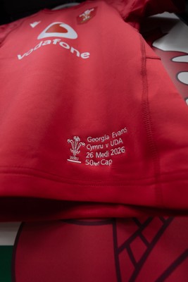 260926 Wales v USA, Vodafone Wales WXV Series -  Georgia Evans’ match jersey hangs in the changing room ahead of her 50th Cap