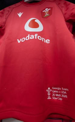 260926 Wales v USA, Vodafone Wales WXV Series -  Georgia Evans’ match jersey hangs in the changing room ahead of her 50th Cap