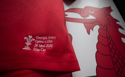 260926 Wales v USA, Vodafone Wales WXV Series -  Georgia Evans’ match jersey hangs in the changing room ahead of her 50th Cap