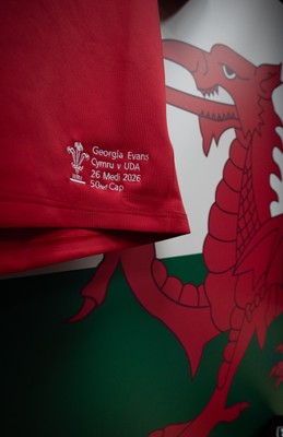 260926 Wales v USA, Vodafone Wales WXV Series -  Georgia Evans’ match jersey hangs in the changing room ahead of her 50th Cap