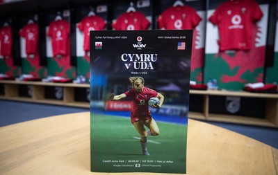 260926 Wales v USA, Vodafone Wales WXV Series -  A Wales v USA match programme in the changing room ahead of the match