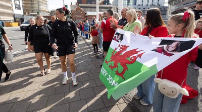 260926 Wales v USA, Vodafone Wales WXV Series -  The Wales squad make their way to the stadium from the hotel