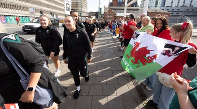 260926 Wales v USA, Vodafone Wales WXV Series -  The Wales squad make their way to the stadium from the hotel