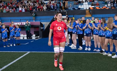 260926 Wales v USA, Vodafone Wales WXV Series - Georgia Evans of Wales leads the team out on her 50th Cap