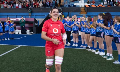 260926 Wales v USA, Vodafone Wales WXV Series - Georgia Evans of Wales leads the team out on her 50th Cap