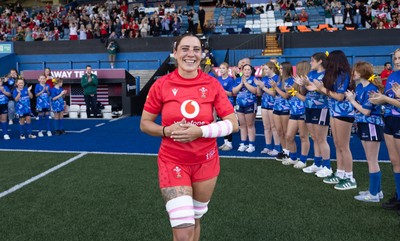 260926 Wales v USA, Vodafone Wales WXV Series - Georgia Evans of Wales leads the team out on her 50th Cap