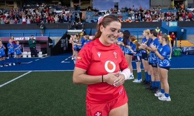 260926 Wales v USA, Vodafone Wales WXV Series - Georgia Evans of Wales leads the team out on her 50th Cap