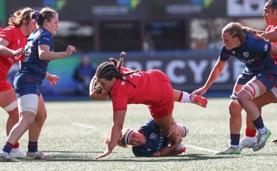 260926 Wales v USA, Vodafone Wales WXV Series - Maisie Davies of Wales is tackled