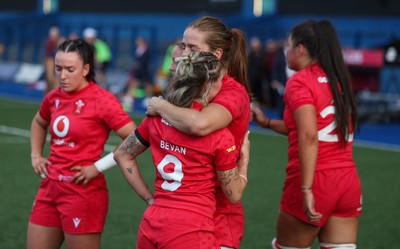 260926 Wales v USA, Vodafone Wales WXV Series - Keira Bevan of Wales and Lisa Neumann of Wales at the end of the match