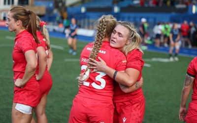 260926 Wales v USA, Vodafone Wales WXV Series - Alex Callender of Wales and Nikita Prothero of Wales at the end of the match