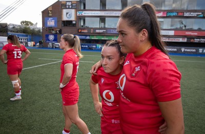 260926 Wales v USA, Vodafone Wales WXV Series - Jorja Aiono of Wales and Sian Jones of Wales at the end of the match