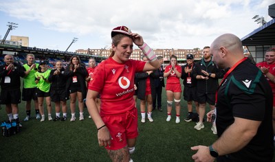 260926 Wales v USA, Vodafone Wales WXV Series - Georgia Evans of Wales is presented with her 50th cap by Sean Lynn, Wales head coach