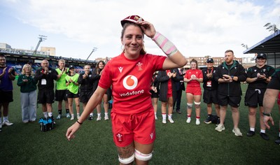 260926 Wales v USA, Vodafone Wales WXV Series - Georgia Evans of Wales is presented with her 50th cap by Sean Lynn, Wales head coach