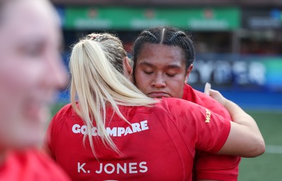 260926 Wales v USA, Vodafone Wales WXV Series - Kelsey Jones of Wales and Sisilia Tuipulotu of Wales at the end of the match