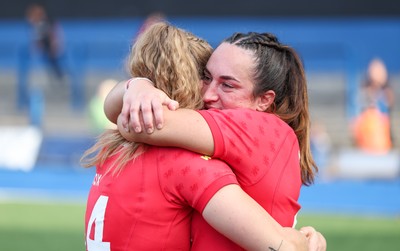 260926 Wales v USA, Vodafone Wales WXV Series - Courtney Keight of Wales and Carys Cox of Wales at the end of the match