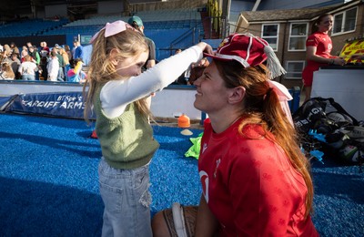260926 Wales v USA, Vodafone Wales WXV Series - Georgia Evans of Wales with niece Ella-May and her 50 cap at the end of the match