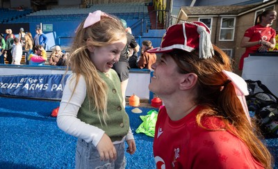 260926 Wales v USA, Vodafone Wales WXV Series - Georgia Evans of Wales with niece Ella-May and her 50 cap at the end of the match