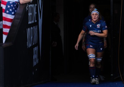 260926 Wales v USA, Vodafone Wales WXV Series - Georgie Perris-Redding of USA leads the team out