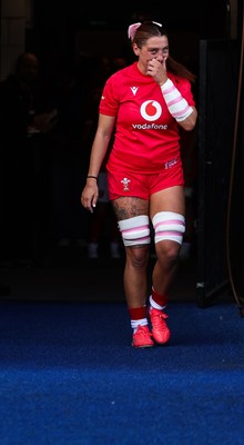260926 Wales v USA, Vodafone Wales WXV Series - Georgia Evans of Wales leads the team out on her 50th cap