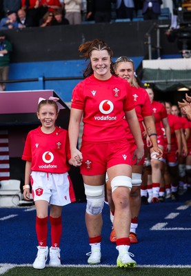 260926 Wales v USA, Vodafone Wales WXV Series - Wales co-captain Kate Williams walks out with the match mascot