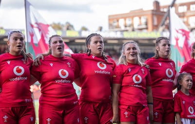 260926 Wales v USA, Vodafone Wales WXV Series - Bryonie King of Wales, Gwenllian Pyrs of Wales, Maisie Davies of Wales, Alex Callender of Wales and Kate Williams of Wales during the anthems