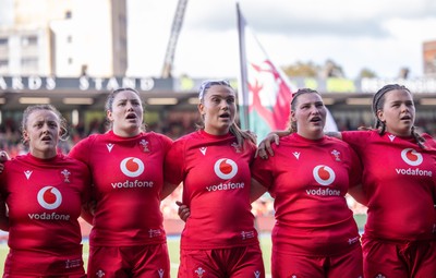 260926 Wales v USA, Vodafone Wales WXV Series - Lleucu George of Wales, Gwen Crabb of Wales, Bryonie King of Wales, Gwenllian Pyrs of Wales, Maisie Davies of Wales during the anthems
