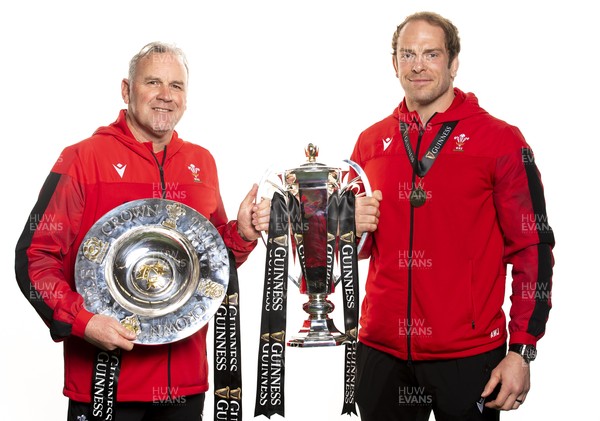 270321 - Wales Rugby Team Presented with Guinness Six Nations Trophy -  Wayne Pivac and Alun Wyn Jones with the trophy and triple crown