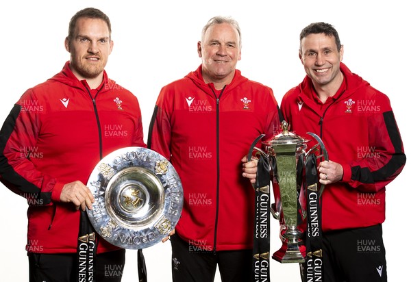 270321 - Wales Rugby Team Presented with Guinness Six Nations Trophy -  Gethin Jenkins, Wayne Pivac and Stephen Jones with the trophy and triple crown