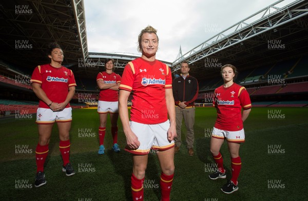 130116 - Wales Women's Six Nations Squad Announcement - Wales Women Captain Rachel Taylor centre, with left to right, Gemma Rowland, Dyddgu Hywel, Head Coach Rhys Edwards, and Keira Bevan at the announcement of the Wales Women's Squad for the forthcoming Women's Six Nations Championship