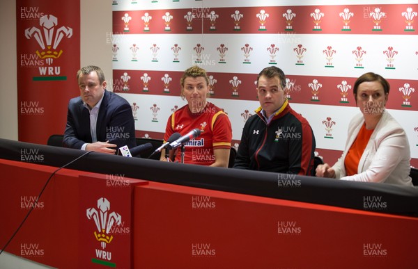 130116 - Wales Women's Six Nations Squad Announcement - Left to right, WRU Group Chief Executive Martyn Phillips, Wales Women Captain Rachel Taylor, Wales Women Head Coach Rhys Edwards, and WRU National Women's Rugby Manager Caroline Spanton, at the announcement of the Wales Women's Squad for the forthcoming Women's Six Nations Championship