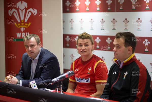 130116 - Wales Women's Six Nations Squad Announcement - Left to right, WRU Group Chief Executive Martyn Phillips, Wales Women Captain Rachel Taylor, and Wales Women Head Coach Rhys Edwards, at the announcement of the Wales Women's Squad for the forthcoming Women's Six Nations Championship