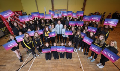 080323 - Wales Women 6 Nations Squad Announcement, Ysgol Dyffryn Aman, Ammanford - Girls from Ysgol Dyffryn Aman join with Wales Women Rugby head coach Ioan Cunningham and players Hannah Jones and Ffion Lewis to announce the Wales Women’s Squad for the forthcoming Women’s ^ Nations