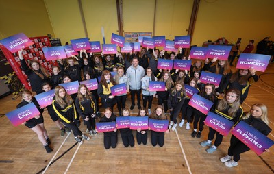 080323 - Wales Women 6 Nations Squad Announcement, Ysgol Dyffryn Aman, Ammanford - Girls from Ysgol Dyffryn Aman join with Wales Women Rugby head coach Ioan Cunningham and players Hannah Jones and Ffion Lewis to announce the Wales Women’s Squad for the forthcoming Women’s ^ Nations