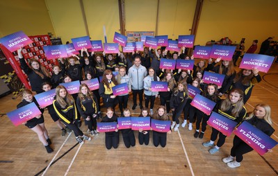 080323 - Wales Women 6 Nations Squad Announcement, Ysgol Dyffryn Aman, Ammanford - Girls from Ysgol Dyffryn Aman join with Wales Women Rugby head coach Ioan Cunningham and players Hannah Jones and Ffion Lewis to announce the Wales Women’s Squad for the forthcoming Women’s ^ Nations