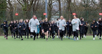 080323 - Wales Women 6 Nations Squad Announcement, Ysgol Dyffryn Aman, Ammanford - Wales Women Rugby head coach Ioan Cunningham and players Hannah Jones and Ffion Lewis return to their former school and take a girls rugby skills session after the girls helped to formally announce the Wales Women’s squad for the forthcoming Women’s 6 Nations