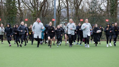 080323 - Wales Women 6 Nations Squad Announcement, Ysgol Dyffryn Aman, Ammanford - Wales Women Rugby head coach Ioan Cunningham and players Hannah Jones and Ffion Lewis return to their former school and take a girls rugby skills session after the girls helped to formally announce the Wales Women’s squad for the forthcoming Women’s 6 Nations