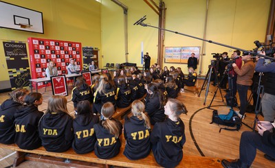 080323 - Wales Women 6 Nations Squad Announcement, Ysgol Dyffryn Aman, Ammanford - Wales Women Rugby head coach Ioan Cunningham and players Hannah Jones, left and Ffion Lewis return to their former school to speak to girls about their rugby careers and to formally announce the Wales Women’s squad for the forthcoming Women’s 6 Nations